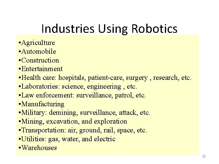 Industries Using Robotics • Agriculture • Automobile • Construction • Entertainment • Health care: