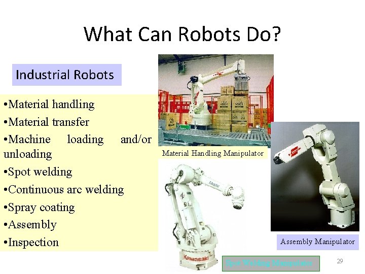 What Can Robots Do? Industrial Robots • Material handling • Material transfer • Machine