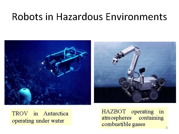 Robots in Hazardous Environments TROV in Antarctica operating under water HAZBOT operating in atmospheres