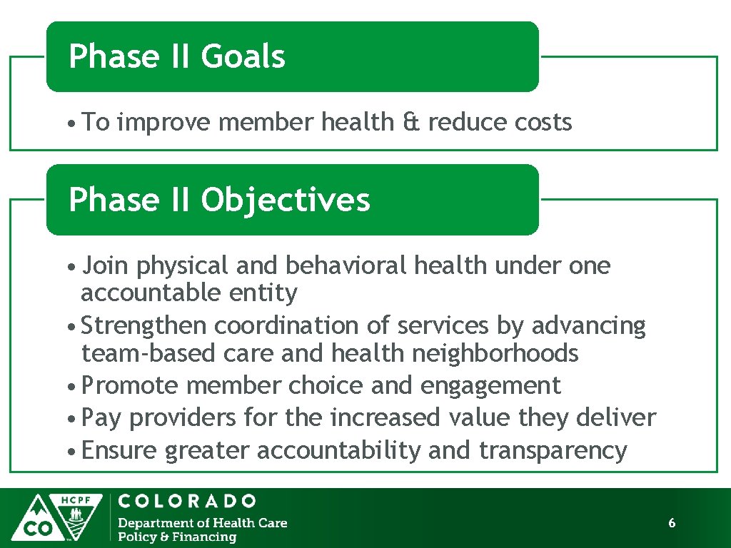 Phase II Goals • To improve member health & reduce costs Phase II Objectives
