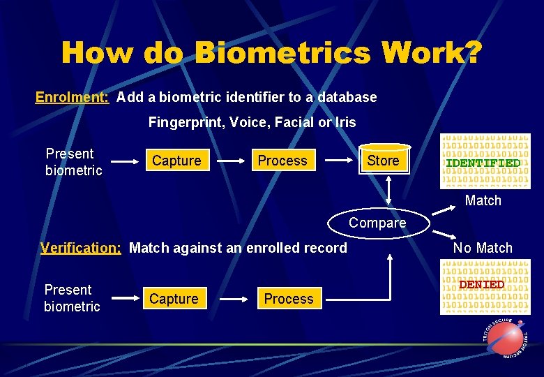 How do Biometrics Work? Enrolment: Add a biometric identifier to a database Fingerprint, Voice,