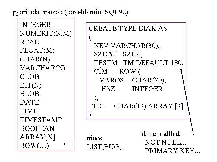 gyári adattípusok (bővebb mint SQL 92) INTEGER NUMERIC(N, M) REAL FLOAT(M) CHAR(N) VARCHAR(N) CLOB