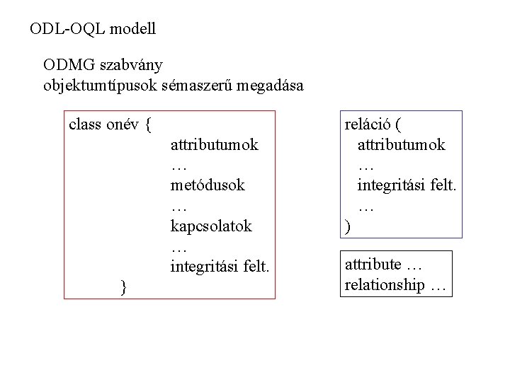 ODL-OQL modell ODMG szabvány objektumtípusok sémaszerű megadása class onév { attributumok … metódusok …