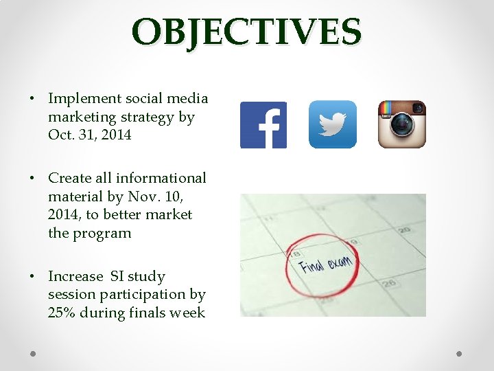 OBJECTIVES • Implement social media marketing strategy by Oct. 31, 2014 • Create all