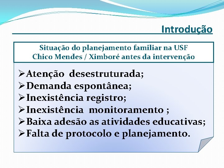 Introdução Situação do planejamento familiar na USF Chico Mendes / Ximboré antes da intervenção