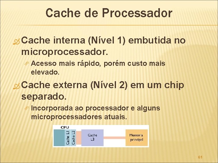 Cache de Processador Cache interna (Nível 1) embutida no microprocessador. Acesso mais rápido, porém