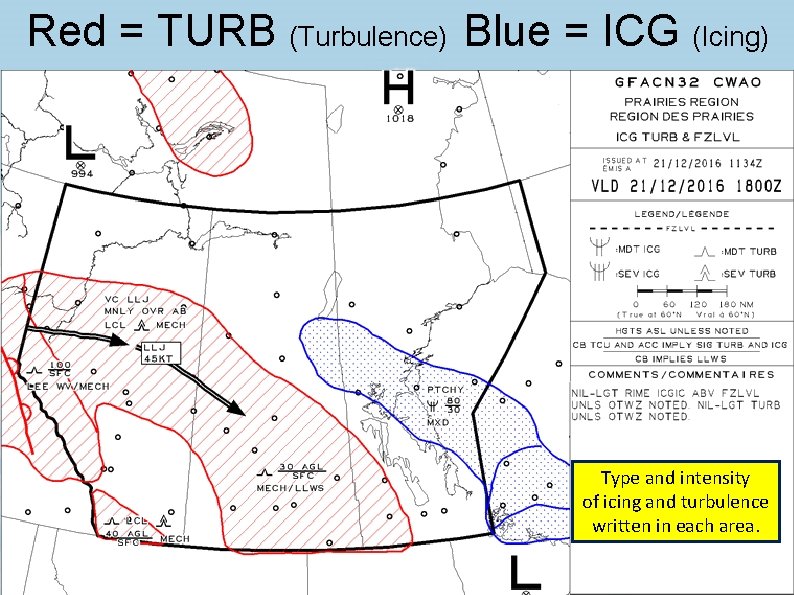 Red = TURB (Turbulence) Blue = ICG (Icing) Type and intensity of icing and