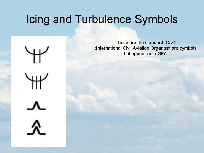 Icing and Turbulence Symbols These are the standard ICAO (International Civil Aviation Organization) symbols