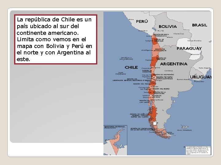 La república de Chile es un país ubicado al sur del continente americano. Limita