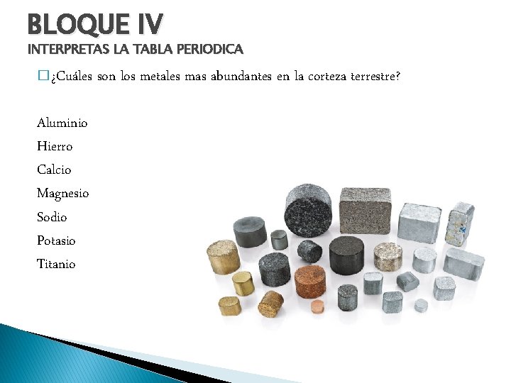 BLOQUE IV INTERPRETAS LA TABLA PERIODICA � ¿Cuáles Aluminio Hierro Calcio Magnesio Sodio Potasio