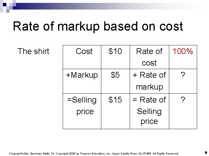 Rate of markup based on cost The shirt Cost $10 Rate of cost 100%