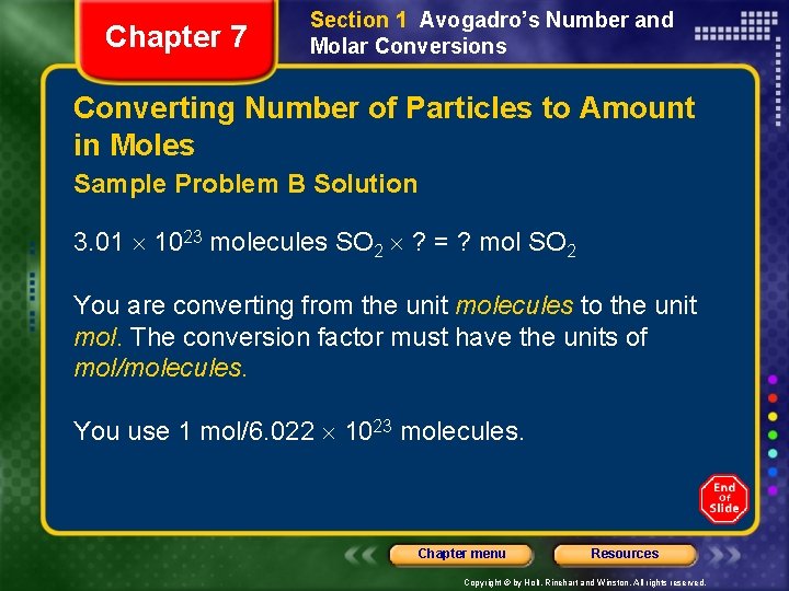 Chapter 7 Section 1 Avogadro’s Number and Molar Conversions Converting Number of Particles to