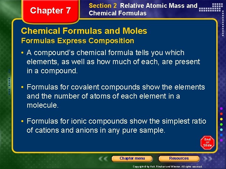 Chapter 7 Section 2 Relative Atomic Mass and Chemical Formulas and Moles Formulas Express
