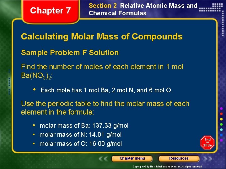 Chapter 7 Section 2 Relative Atomic Mass and Chemical Formulas Calculating Molar Mass of
