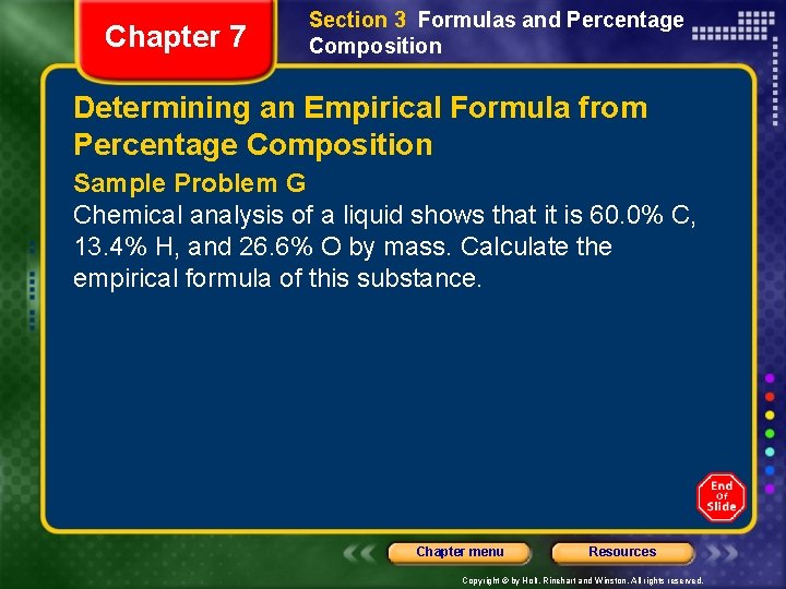 Chapter 7 Section 3 Formulas and Percentage Composition Determining an Empirical Formula from Percentage