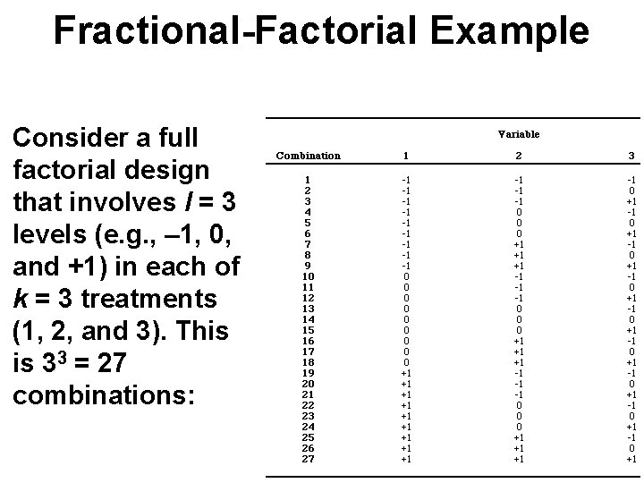 Fractional-Factorial Example Consider a full factorial design that involves l = 3 levels (e.
