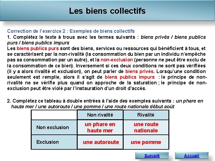 Les biens collectifs Correction de l’exercice 2 : Exemples de biens collectifs 1. Complétez