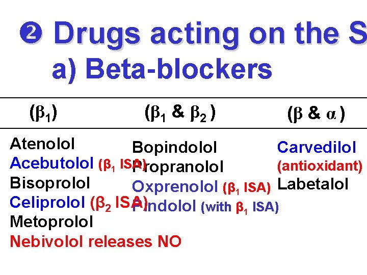  Drugs acting on the S a) Beta-blockers (β 1) (β 1 & β