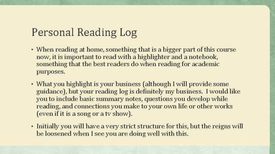 Personal Reading Log • When reading at home, something that is a bigger part
