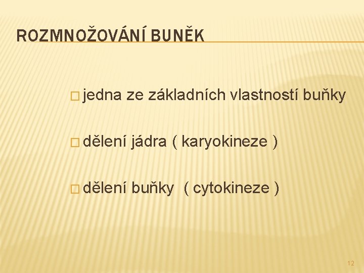 ROZMNOŽOVÁNÍ BUNĚK � jedna ze základních vlastností buňky � dělení jádra ( karyokineze )