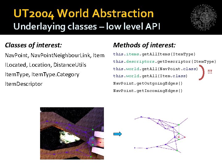 UT 2004 World Abstraction Underlaying classes – low level API Classes of interest: Methods