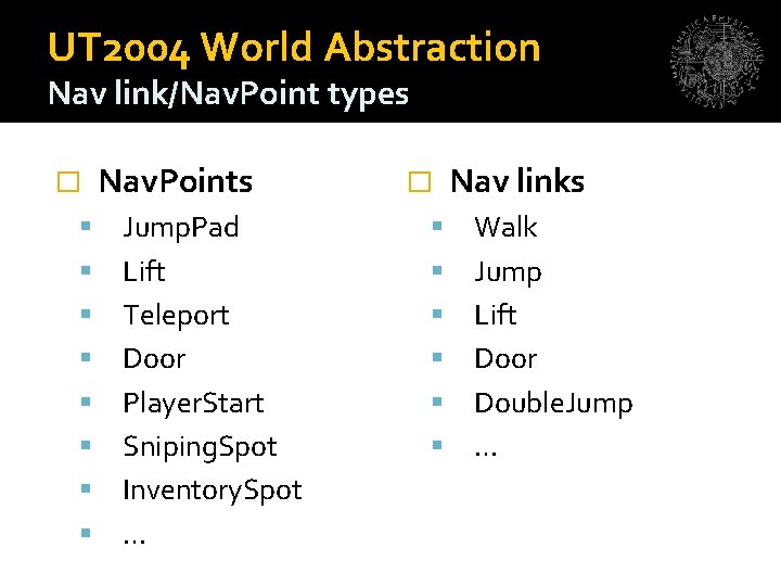 UT 2004 World Abstraction Nav link/Nav. Point types � Nav. Points Jump. Pad Lift