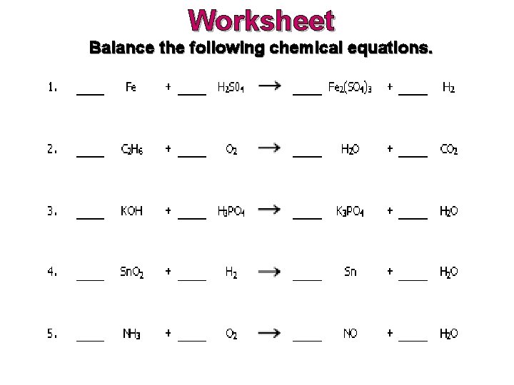 Worksheet Balance the following chemical equations. 
