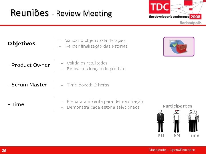 Reuniões - Review Meeting Objetivos – Validar o objetivo da iteração – Validar finalização