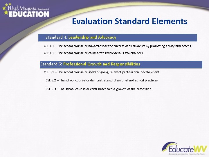 Evaluation Standard Elements Standard 4: Leadership and Advocacy CSE 4. 1 – The school