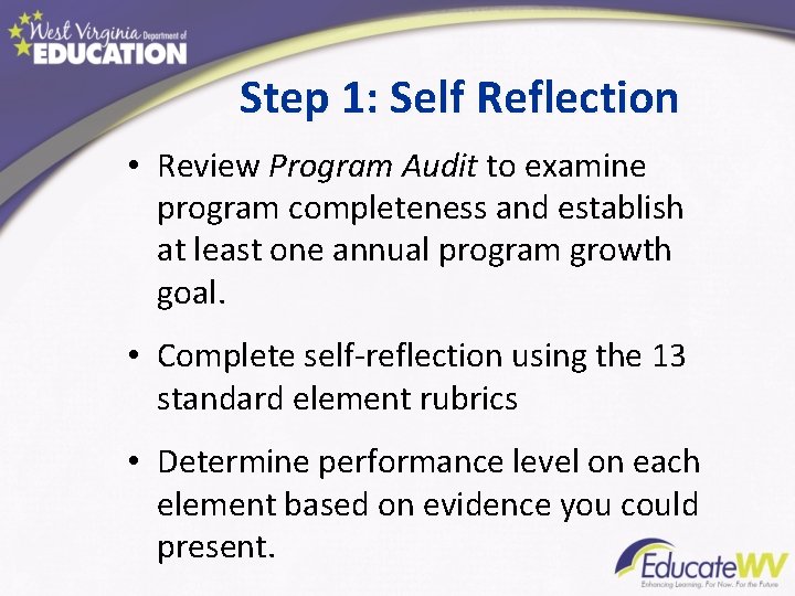 Step 1: Self Reflection • Review Program Audit to examine program completeness and establish
