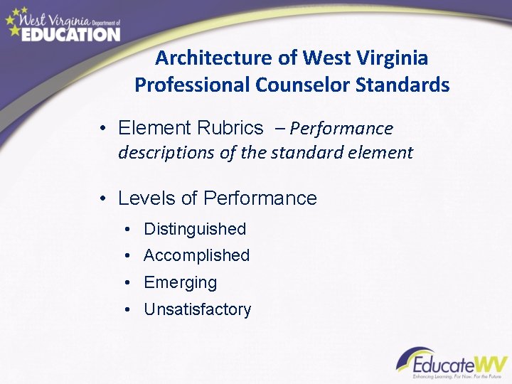 Architecture of West Virginia Professional Counselor Standards • Element Rubrics – Performance descriptions of