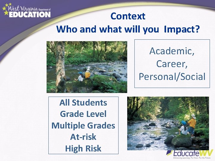 Context Who and what will you Impact? Academic, Career, Personal/Social All Students Grade Level