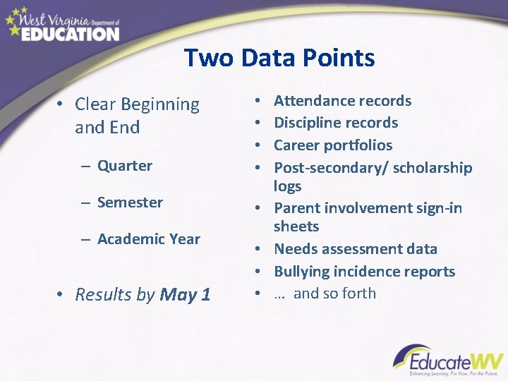 Two Data Points – Quarter • • – Semester • • Clear Beginning and