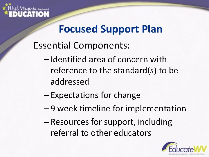 Focused Support Plan Essential Components: – Identified area of concern with reference to the