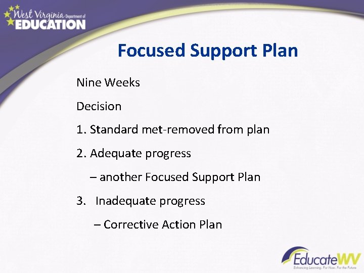 Focused Support Plan Nine Weeks Decision 1. Standard met-removed from plan 2. Adequate progress