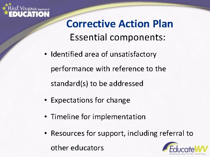 Corrective Action Plan Essential components: • Identified area of unsatisfactory performance with reference to