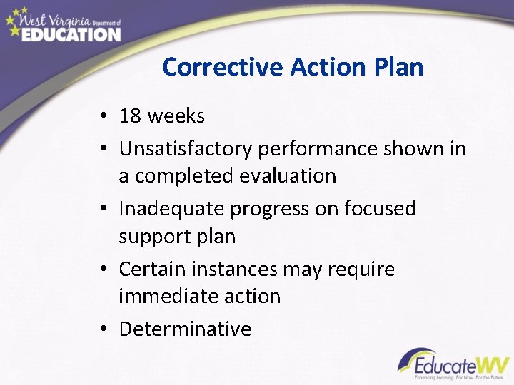 Corrective Action Plan • 18 weeks • Unsatisfactory performance shown in a completed evaluation