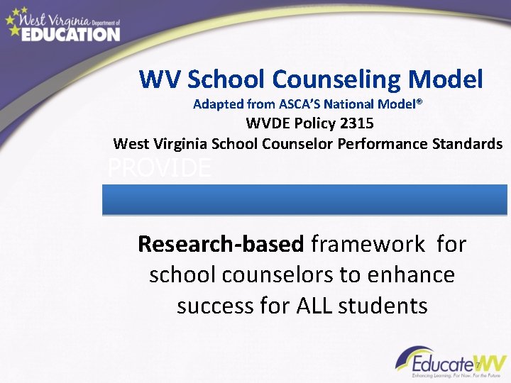 WV School Counseling Model Adapted from ASCA’S National Model® WVDE Policy 2315 West Virginia
