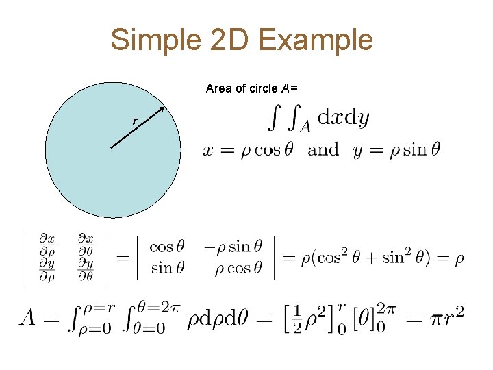 Simple 2 D Example Area of circle A= r 