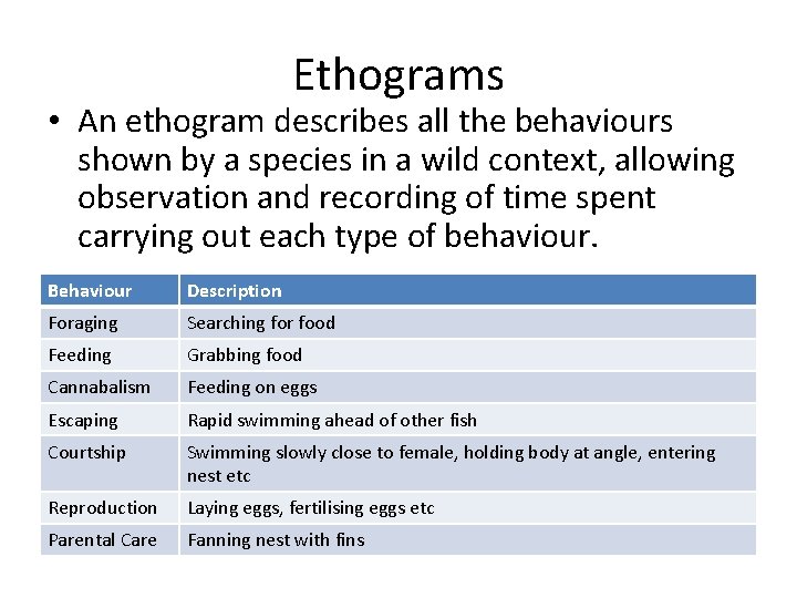 Ethograms • An ethogram describes all the behaviours shown by a species in a