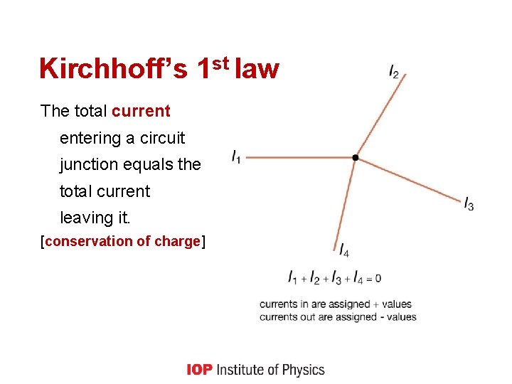 Kirchhoff’s 1 st law The total current entering a circuit junction equals the total
