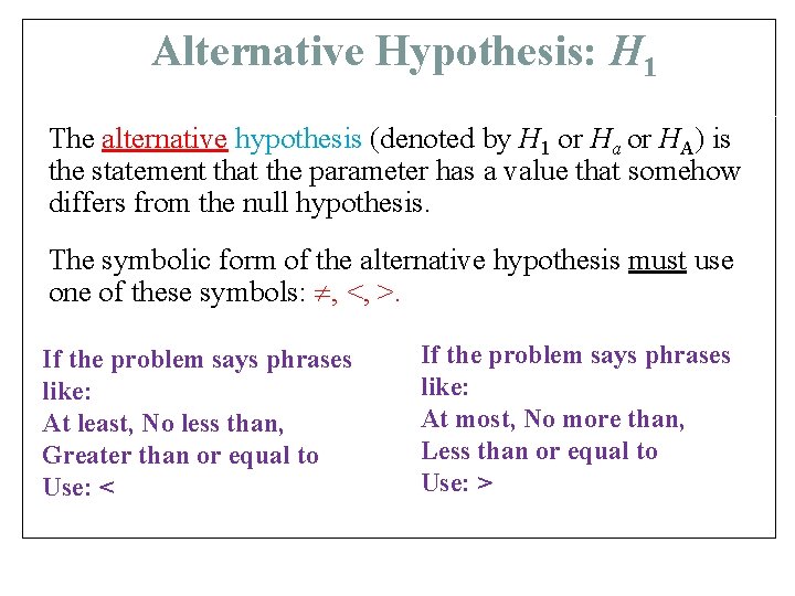 Alternative Hypothesis: H 1 The alternative hypothesis (denoted by H 1 or Ha or