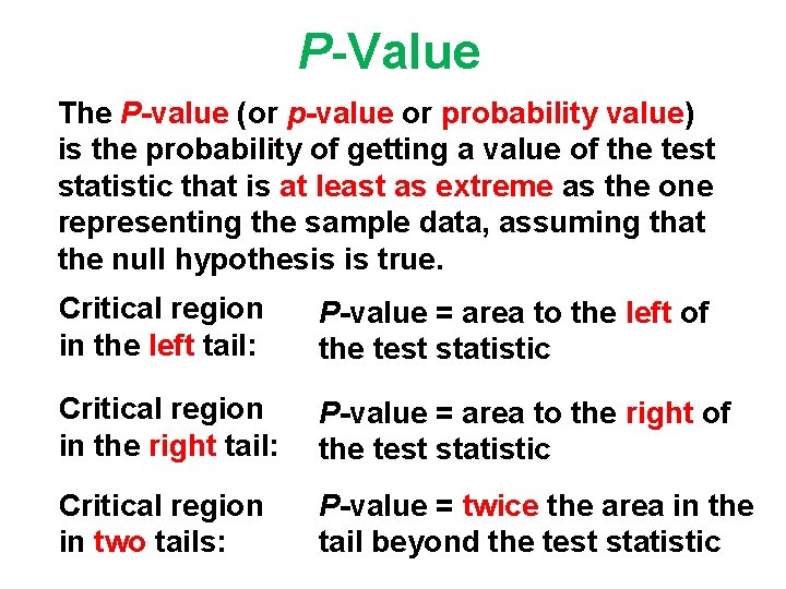 P-Value The P-value (or p-value or probability value) is the probability of getting a