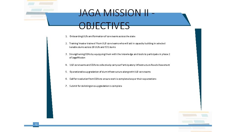 JAGA MISSION II OBJECTIVES 1. Onboarding ULBs and formation of core teams across the