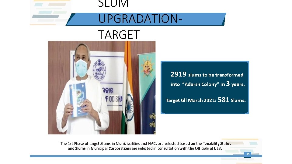 SLUM UPGRADATIONTARGET 2919 slums to be transformed into “Adarsh Colony” in 3 years. Target