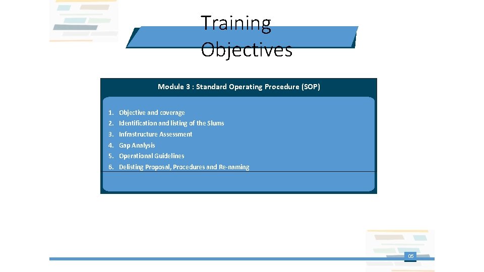 Training Objectives Module 3 : Standard Operating Procedure (SOP) 1. Objective and coverage 2.