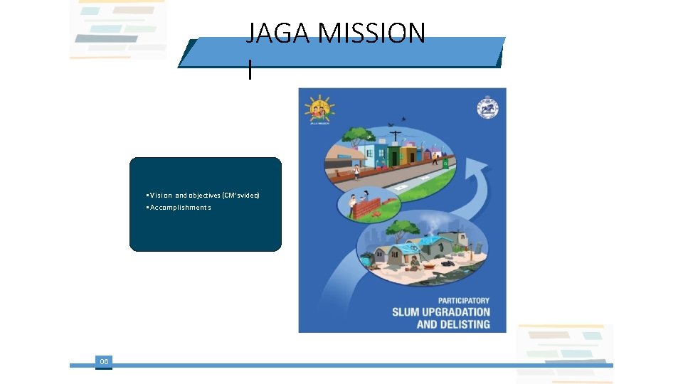 JAGA MISSION I Vision and objectives (CM’s video) Accomplishments 06 