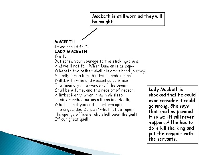 Macbeth is still worried they will be caught. MACBETH If we should fail? LADY