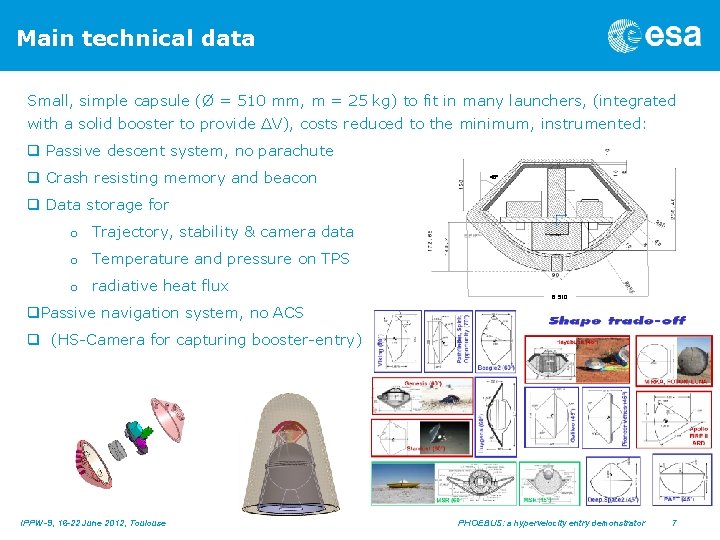 Main technical data Small, simple capsule (Ø = 510 mm, m = 25 kg)