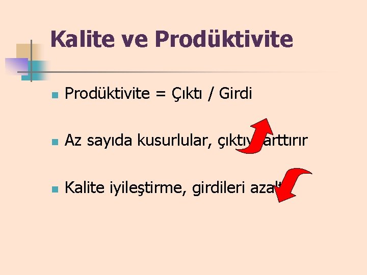 Kalite ve Prodüktivite n Prodüktivite = Çıktı / Girdi n Az sayıda kusurlular, çıktıyı